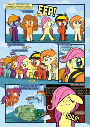 Size: 1920x2715 | Tagged: safe, artist:alexdti, fluttershy, rainbow dash, oc, oc:kayla goldenwing, oc:purple creativity, oc:screwpine caprice, oc:vee, pegasus, pony, comic:how we met, g4, comic, female, filly, filly fluttershy, filly rainbow dash, gulp, younger