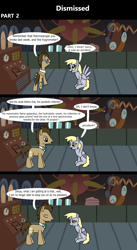 Size: 1920x3516 | Tagged: safe, artist:platinumdrop, derpy hooves, doctor whooves, time turner, earth pony, pegasus, pony, comic:dismissed, g4, 3 panel comic, alternate timeline, blushing, bowtie, comic, commission, dialogue, doctor whooves' lab, duo, duo male and female, eyes closed, female, folded wings, frown, happy, head scratch, indoors, lab, laboratory, looking at each other, looking at someone, machine, machinery, male, mare, open mouth, open smile, sad, sigh, sitting, smiling, speech bubble, spread wings, stallion, talking, this will not end well, walking, wings