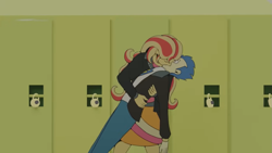 Size: 1397x786 | Tagged: safe, artist:drwolf001, artist:kenisu-of-dragons, flash sentry, sunset shimmer, human, equestria girls, g4, canterlot high, female, humanized, kissing, lockers, male, ship:flashimmer, shipping, straight, surprise kiss