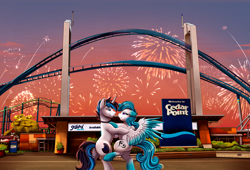 Size: 3533x2398 | Tagged: safe, artist:pridark, oc, oc only, pegasus, pony, unicorn, bipedal, butt, cedar point, dancing, evening, female, fireworks, horn, looking at each other, looking at someone, love, male, mare, oc x oc, pegasus oc, plot, roller coaster, shipping, stallion, straight, unicorn oc