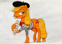 Size: 3458x2468 | Tagged: safe, artist:killerteddybear94, applejack, earth pony, pony, g4, baguette, barrette, bread, cigarette, clothes, female, food, french, mare, neckerchief, pun, shirt, simple background, solo, striped shirt, traditional art, visual pun