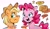 Size: 2622x1533 | Tagged: dead source, safe, artist:lound, applejack, pinkie pie, earth pony, pony, g4, applejack's hat, blonde mane, blue eyes, blushing, cowboy hat, curly mane, curly tail, emanata, eyebrows, eyebrows visible through hair, female, frown, green eyes, hat, looking at someone, looking away, lyrics in the description, mare, open mouth, open smile, orange coat, pink coat, pink mane, pink tail, simple background, smiling, sparkles, speech bubble, sweat, sweatdrop, tail, talking, white background, wingding eyes, yellow mane