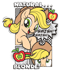 Size: 1810x2048 | Tagged: safe, applejack, earth pony, pony, g4, official, ..., apple, applejack's hat, black outlines, blonde hair, comic, cowboy hat, design, dots, english, female, food, hat, looking at you, looking up, mare, merchandise, motion lines, onomatopoeia, open mouth, open smile, ponytail, screentone, shirt design, simple background, smiling, solo, stock vector, style emulation, text, transparent background, vector, zazzle