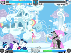 Size: 636x477 | Tagged: safe, artist:sunbusting, big macintosh, octavia melody, shining armor, trixie, fighting is magic, g4, cloudsdale, fan game, fighting is magic suchromium, flying, game screencap, house, palette swap, recolor