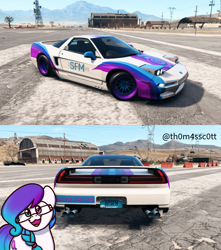 Size: 956x1080 | Tagged: safe, artist:snowy starshine, artist:sugar morning, oc, oc only, oc:aurora starling, earth pony, pony, airfield, car, mountain, mountain range, need for speed, sky, sugar morning's smiling ponies