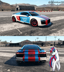 Size: 955x1080 | Tagged: safe, artist:snowy starshine, artist:texasuberalles, oc, oc only, oc:audina puzzle, pony, unicorn, airfield, car, glasses, horn, mountain, mountain range, need for speed, sky