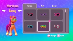 Size: 2560x1440 | Tagged: safe, sunny starscout, earth pony, pony, g5, my little pony: a zephyr heights mystery, official, 3d, abstract background, customization, female, game, mane stripe sunny, mare, screenshots, shutter shades, sunglasses, sunglasses on head, text, video game