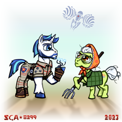 Size: 1500x1500 | Tagged: safe, artist:scarletdex8299, granny smith, shining armor, earth pony, pony, unicorn, g4, alternate universe, atomic heart, baba zina, blurry background, cel shading, countryside, crossover, drone, facial hair, fanart, female, futuristic, game, glasses, horn, looking at each other, looking at someone, male, red star, retro sci-fi, science fiction, shading, shaved mane, socialism, technology