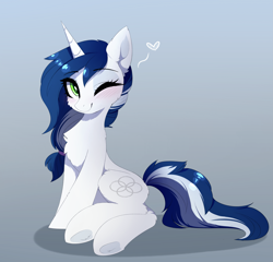 Size: 3089x2968 | Tagged: safe, artist:magnaluna, oc, oc only, oc:muffinkarton, pony, unicorn, blushing, chest fluff, eye clipping through hair, eyebrows, eyebrows visible through hair, female, gradient background, heart, high res, horn, looking at you, mare, one eye closed, sitting, smiling, smiling at you, solo, underhoof, unicorn oc, wink, winking at you