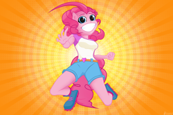 Size: 3300x2200 | Tagged: safe, artist:dersen, pinkie pie, earth pony, anthro, smile hd, g4, camp everfree outfits, clothes, creepy, creepy smile, creepypasta, human facial structure, imminent death, in air, looking at you, shorts, smiling, smiling at you, sunburst background, xk-class end-of-the-world scenario