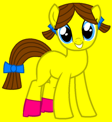 Size: 604x660 | Tagged: safe, artist:spitfirethepegasusfan39, artist:winter-scarf, earth pony, pony, g4, adult blank flank, base used, blank flank, bow, clothes, female, high heels, little miss, little miss tidy, mare, mr. men, mr. men little miss, pigtails, ponified, shoes, simple background, smiling, solo, tail, tail bow, tidy, yellow background