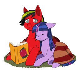 Size: 2000x2000 | Tagged: safe, artist:erein, twilight sparkle, oc, oc:dark, alicorn, changeling, pegasus, pony, g4, book, canon x oc, changeling oc, christmas, colored, commission, cute, duo, duo male and female, ears back, ears up, eyes closed, female, flat colors, floppy ears, happy, high res, holiday, horn, male, multicolored hair, reading, red mane, shipping, simple background, sleeping, straight, twilight sparkle (alicorn), white background, wings
