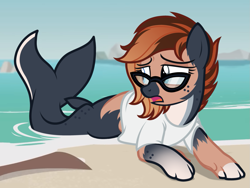 Size: 1465x1100 | Tagged: safe, artist:anonymous, oc, oc only, oc:salmy, human, merpony, g4, /ptfg/, clothes, dorsal fin, eye color change, female, fin, fish tail, freckles, glasses, human to merpony, mid-transformation, ocean, open mouth, shirt, show accurate, solo, tail, transformation, water