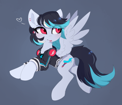 Size: 3333x2864 | Tagged: safe, artist:magnaluna, oc, oc only, pegasus, pony, blue background, blushing, clothes, cute, eye clipping through hair, eyebrows, eyebrows visible through hair, female, headphones, heart, high res, hoodie, mare, pegasus oc, simple background, solo, spread wings, tongue out, wings