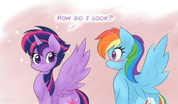 Size: 1901x1119 | Tagged: dead source, safe, artist:ambris, rainbow dash, twilight sparkle, alicorn, pegasus, pony, castle sweet castle, g4, alternate hairstyle, blushing, colored pupils, cute, dashabetes, duo, duo female, female, gradient background, horn, lesbian, looking at each other, looking at someone, mare, pink background, punklight sparkle, ship:twidash, shipping, smiling, spread wings, twiabetes, twilight sparkle (alicorn), wingboner, wings