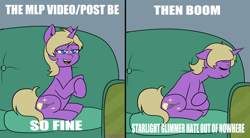 Size: 3652x2017 | Tagged: safe, artist:hayley566, oc, oc only, oc:hay meadow, pony, unicorn, 2 panel comic, clone high, comic, couch, eyes closed, female, horn, mare, meme, sad, sitting, solo, spread wings, text, vent art, wings