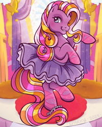 Size: 1080x1350 | Tagged: safe, artist:sparkytopia, twinkle twirl, earth pony, pony, g3, ballerina, ballet slippers, clothes, female, looking at you, mare, playset, purple coat, smiling, solo, standing on two hooves, tutu