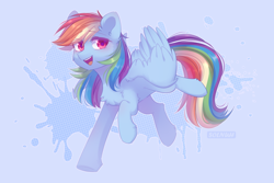 Size: 1772x1181 | Tagged: dead source, safe, artist:floweryoutoday, rainbow dash, pegasus, pony, g4, cheek fluff, chest fluff, ear fluff, female, leg fluff, looking at you, mare, open mouth, open smile, smiling, smiling at you, solo, wing fluff, wings