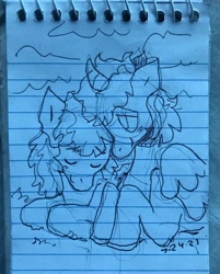 Size: 1080x1346 | Tagged: safe, artist:vemrill, pony, cuddling, lined paper, photo, sketch, smiling, traditional art