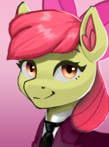 Size: 156x210 | Tagged: safe, artist:mustaphatr, artist:printik, edit, apple bloom, earth pony, pony, equestria at war mod, g4, apple bloom's bow, bow, bust, clothes, cmc world conquest timeline, ear fluff, gradient background, hair bow, jacket, necktie, older, older apple bloom, picture for breezies, portrait, shirt, solo
