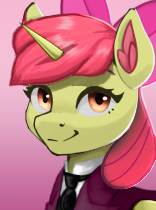 Size: 156x210 | Tagged: safe, artist:mustaphatr, artist:printik, edit, apple bloom, alicorn, pony, equestria at war mod, g4, alicornified, apple bloom's bow, bloomicorn, bow, bust, clothes, cmc world conquest timeline, gradient background, hair bow, jacket, necktie, older, older apple bloom, picture for breezies, portrait, race swap, shirt, solo
