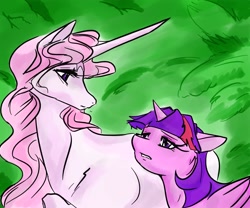 Size: 3000x2500 | Tagged: safe, artist:sidewinder36, twilight sparkle, alicorn, pony, unicorn, g4, 2013, amalthea, crossover, duo, duo female, female, green background, horn, lady amalthea, looking at each other, looking at someone, mare, simple background, the last unicorn, twilight sparkle (alicorn)