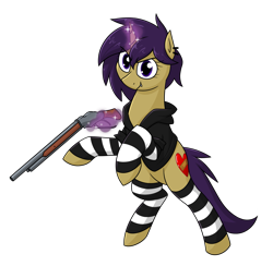 Size: 1863x1818 | Tagged: safe, artist:moonatik, oc, oc only, oc:tuxy, pony, unicorn, clothes, commission, ear piercing, earring, female, gun, hoodie, horn, jewelry, leg warmers, magic, mare, piercing, shotgun, simple background, solo, transparent background, weapon