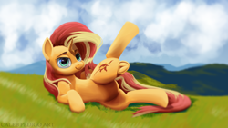 Size: 5334x3000 | Tagged: safe, artist:calebpedigo, sunset shimmer, pony, unicorn, g4, absurd resolution, belly, featureless crotch, female, frog (hoof), horn, lidded eyes, lifted leg, looking at you, lying down, mare, on side, smiling, smiling at you, solo, underhoof