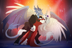 Size: 1600x1067 | Tagged: safe, artist:sunny way, oc, alicorn, dragon, about to kiss, alicorn oc, blushing, clothes, dancing, dragon oc, dress, evening gloves, gloves, hand on leg, hand on thigh, horn, horn jewelry, horn ring, jewelry, leonine tail, long gloves, love, non-pony oc, red dress, ring, socks, spread wings, suit, tail, thigh highs, wings