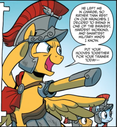 Size: 595x650 | Tagged: safe, artist:brenda hickey, idw, bella breeze, flash magnus, pegasus, pony, g4, legends of magic annual 2018, armor, armor skirt, female, helmet, male, mare, open mouth, pointing, royal legion, skirt, stallion, trio