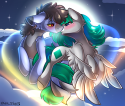Size: 2451x2080 | Tagged: safe, alternate character, alternate version, artist:yuris, oc, oc only, oc:emerald stone, oc:otis, earth pony, pegasus, pony, blushing, clothes, duo, duo male and female, ears back, ears up, female, flying, full moon, imminent kissing, magic, magic aura, male, moon, night, shipping, sky, straight