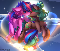 Size: 2451x2080 | Tagged: safe, alternate character, alternate version, artist:yuris, oc, oc only, oc:serenity pond, earth pony, pony, blushing, clothes, duo, duo male and female, ears back, ears up, female, flying, full moon, imminent kissing, magic, male, moon, night, rule 63, shipping, sky