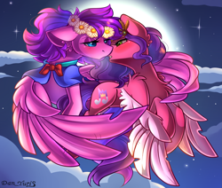 Size: 2451x2080 | Tagged: safe, alternate character, alternate version, artist:yuris, pipp petals, oc, oc:crystal, pegasus, pony, g5, blushing, canon x oc, clothes, duo, duo female, ears back, ears up, female, flying, full moon, imminent kissing, lesbian, moon, night, shipping, sky