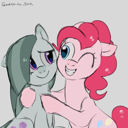 Size: 4096x4096 | Tagged: safe, artist:metaruscarlet, marble pie, pinkie pie, earth pony, pony, g4, duo, duo female, female, gray background, looking at each other, looking at someone, mare, pie sisters, siblings, simple background, sisters, smiling