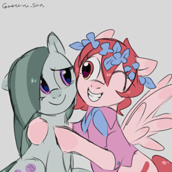 Size: 4096x4096 | Tagged: safe, artist:metaruscarlet, marble pie, oc, oc:metaru scarlet, earth pony, pegasus, pony, g4, clothes, female, flower, flower in hair, gray background, hoof around neck, hug, leaves, leaves in hair, looking at each other, looking at someone, mare, one eye closed, pegasus oc, ponysona, simple background, smiling, spread wings, wings
