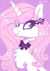 Size: 2918x4144 | Tagged: safe, artist:dandy, fleur-de-lis, pony, unicorn, g4, acrylic painting, bow, bust, eye clipping through hair, eyebrows, eyebrows visible through hair, eyeshadow, female, hairpin, high res, horn, limited palette, looking at you, makeup, mare, portrait, smiling, solo, traditional art