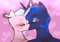 Size: 1488x1052 | Tagged: safe, artist:chiefywiffy, princess luna, oc, oc:chiefy, alicorn, unicorn, g4, canon x oc, duo, ear piercing, earring, eyes closed, holiday, horn, jewelry, kiss on the lips, kissing, necktie, piercing, shipping, valentine, valentine's day