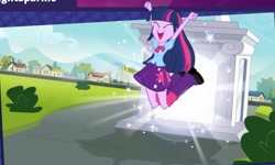 Size: 1053x631 | Tagged: safe, twilight sparkle, human, equestria girls, equestria girls (app), g4, female, game screencap, jumping, official app, portal, solo