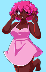Size: 1736x2693 | Tagged: safe, artist:mylittleyuri, pinkie pie, human, g4, alternate hairstyle, barefoot, blue background, blushing, breasts, busty pinkie pie, clothes, cute, dark skin, diapinkes, dress, elf ears, feet, female, grin, humanized, nail polish, one eye closed, peace sign, simple background, smiling, solo, wink