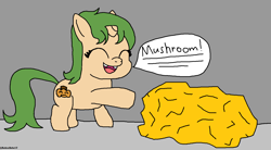 Size: 1522x838 | Tagged: safe, artist:astrearts17, oc, oc only, pony, unicorn, eyes closed, female, filly, foal, gap teeth, gold, horn, smiling, solo, speech bubble