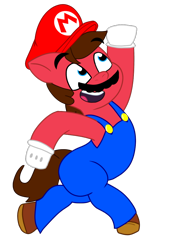 Size: 768x1024 | Tagged: safe, artist:bluemario11, earth pony, pony, g5, clothes, facial hair, hat, jumping, male, mar10 day, mario, mario day, mario hat, moustache, nintendo, ponified, simple background, solo, super mario bros., super mario bros. wonder, transparent background