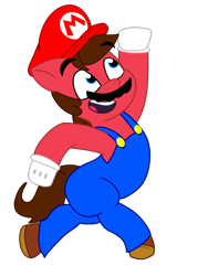 Size: 768x1024 | Tagged: safe, artist:bluemario11, earth pony, pony, g5, my little pony: tell your tale, clothes, facial hair, hat, jumping, male, mar10 day, mario, mario day, mario hat, moustache, nintendo, ponified, simple background, solo, super mario bros., super mario bros. wonder, transparent background