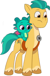 Size: 412x615 | Tagged: safe, edit, edited screencap, editor:pascalmulokozi2, screencap, hitch trailblazer, sparky sparkeroni, dragon, earth pony, pony, g5, my little pony: tell your tale, background removed, episode needed, male, not a vector, simple background, sparky riding hitch trailblazer, stallion, transparent background