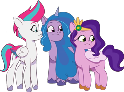 Size: 1196x883 | Tagged: safe, edit, edited screencap, editor:pascalmulokozi2, screencap, izzy moonbow, pipp petals, zipp storm, pegasus, pony, unicorn, alicorn issues, g5, my little pony: tell your tale, background removed, chubby, concave belly, female, fit, height difference, horn, izzy is tol, long mane, mare, not a vector, physique difference, pipp is short, royal sisters (g5), siblings, simple background, sisters, slender, thin, transparent background, trio, trio female, zipp is tall