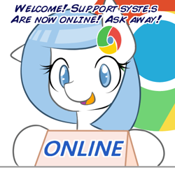 Size: 500x500 | Tagged: safe, artist:wishdreamstar, oc, oc only, oc:google chrome, pegasus, pony, ask, ask google chrome, blue eyes, blue mane, browser ponies, female, google chrome, hairclip, hoof hold, looking at you, mare, open mouth, open smile, pegasus oc, shiny mane, sign, smiling, solo, white coat, wingding eyes