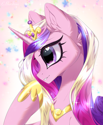 Size: 2232x2700 | Tagged: safe, artist:e-boi, princess cadance, alicorn, pony, g4, big eyes, blushing, crown, cute, cutedance, digital art, ear fluff, ethereal mane, eyelashes, feather, female, flowing mane, glowing, glowing horn, heart, heart eyes, high res, hoof shoes, horn, jewelry, lidded eyes, looking at you, makeup, mare, multicolored mane, peytral, pink background, princess shoes, purple eyes, raised hooves, regalia, simple background, smiling, smiling at you, solo, sparkles, spread wings, starry mane, stars, wingding eyes, wings