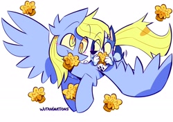 Size: 2048x1451 | Tagged: safe, artist:wutanimations, derpy hooves, pegasus, pony, g4, australian cattle dog, bluey, crossover, eye clipping through hair, female, flying, food, mare, muffin, muffin heeler, piggyback ride, simple background, spread wings, white background, wings