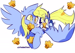 Size: 2048x1451 | Tagged: safe, artist:wutanimations, derpy hooves, dog, pegasus, pony, semi-anthro, g4, australian cattle dog, bluey, crossover, duo, duo female, eye clipping through hair, female, flying, food, mare, muffin, muffin heeler, piggyback ride, simple background, spread wings, white background, wings