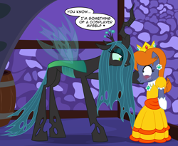 Size: 3875x3175 | Tagged: safe, artist:badumsquish, derpibooru exclusive, queen chrysalis, star tracker, changeling, changeling queen, earth pony, pony, g4, against wall, alley, bipedal, bipedal leaning, blushing, brooch, clothes, cosplay, costume, crossdressing, crossplay, crown, dress, duo, eye contact, female, flirting, gloves, gown, heart, jewelry, kabedon, leaning, looking at each other, looking at someone, male, nervous, princess daisy, regalia, scared, ship:staralis, shipping, smiling, smirk, stallion, starcrossed, super mario bros., wig
