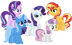 Size: 5118x3190 | Tagged: safe, artist:animesmek1984, rarity, starlight glimmer, sunset shimmer, sweetie belle, trixie, pony, unicorn, g4, female, filly, foal, horn, mare, simple background, stock vector, transparent background